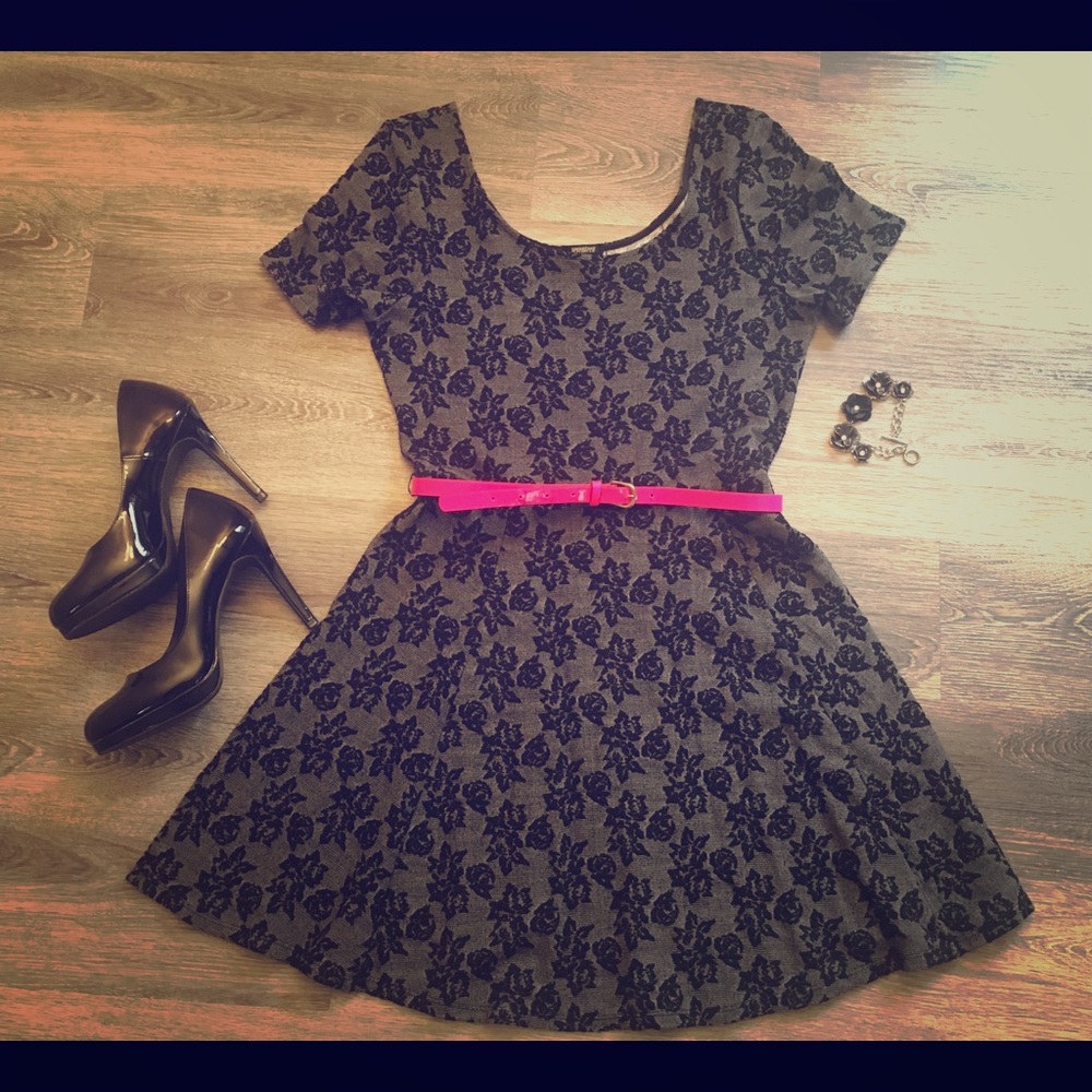 Gray and black skater dress with pink belt!